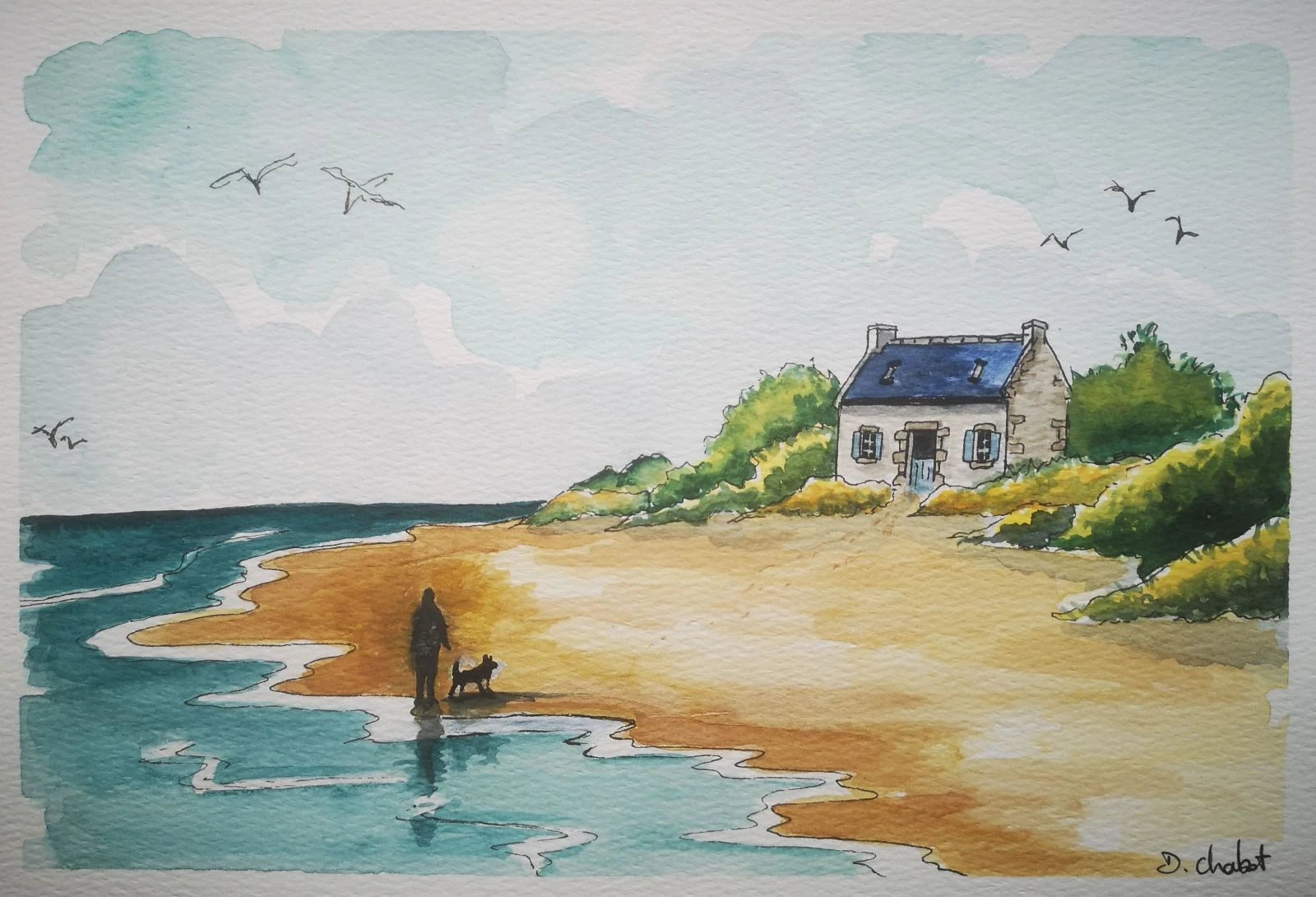 Aquarelle, décoration marine, peinte à la main, unique et originale "maison Bretonne au bord de la plage"  – photo 3